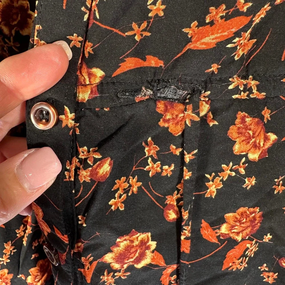 Free People Black Orange Floral Long Sleeve Ruffle Mini Dress XS Pockets FLAW
